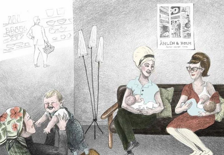 Illustration of Åhléns first separated breast feeding rooms, 1960's